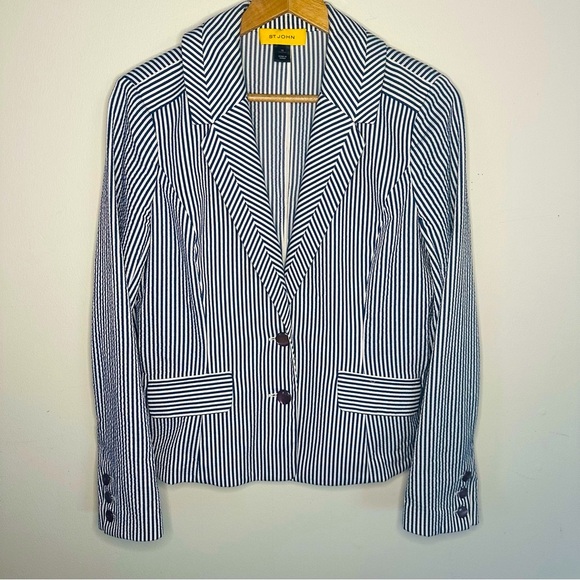 St. John Jackets & Blazers - Quiet Luxury St. John Seersucker Navy & White Stripe Classic Blazer Jacket, 12